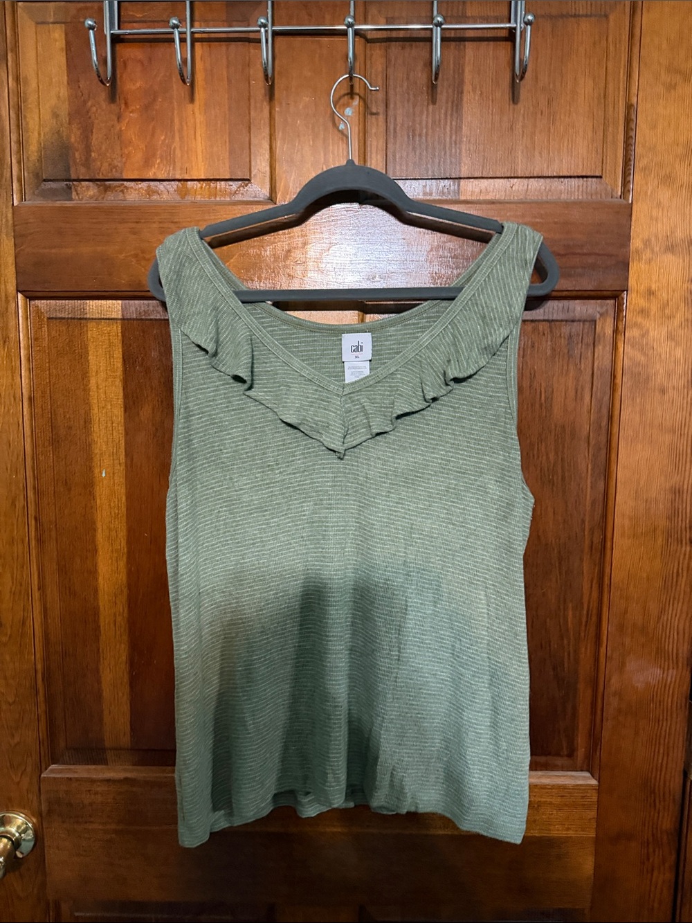 CAbi Olive Green Ruffle V-Neck Tank